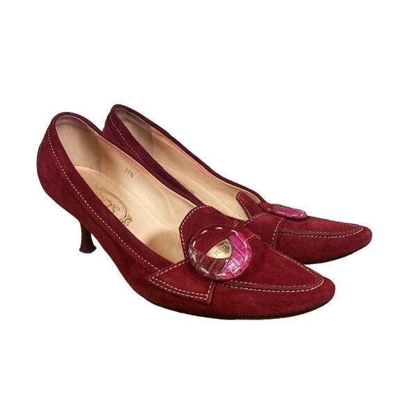 Tods Red Suede Buckle Front Rivet Detail Retro Kitten Heel Shoes Women Sz 37.5 - Picture 1 of 12